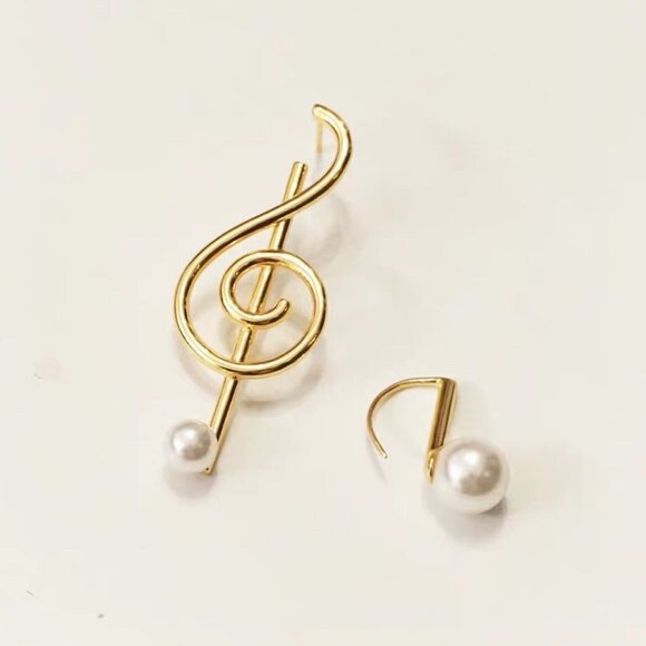 Music Note Pearl Asymmetric Earrings Treble Clef Note - Picture 2 of 3